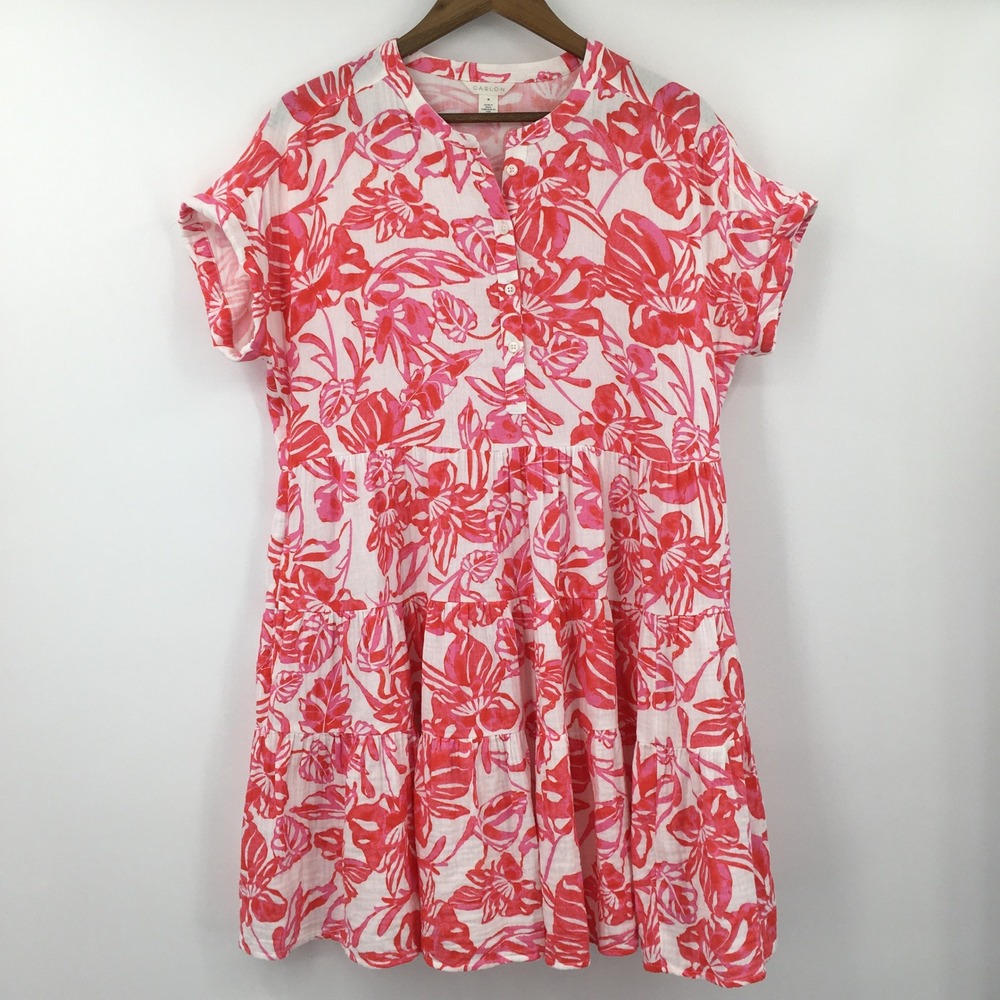 Caslon Floral Tiered Mini Dress Cotton Gauze Womens M Pink Tropical Resort Boho
